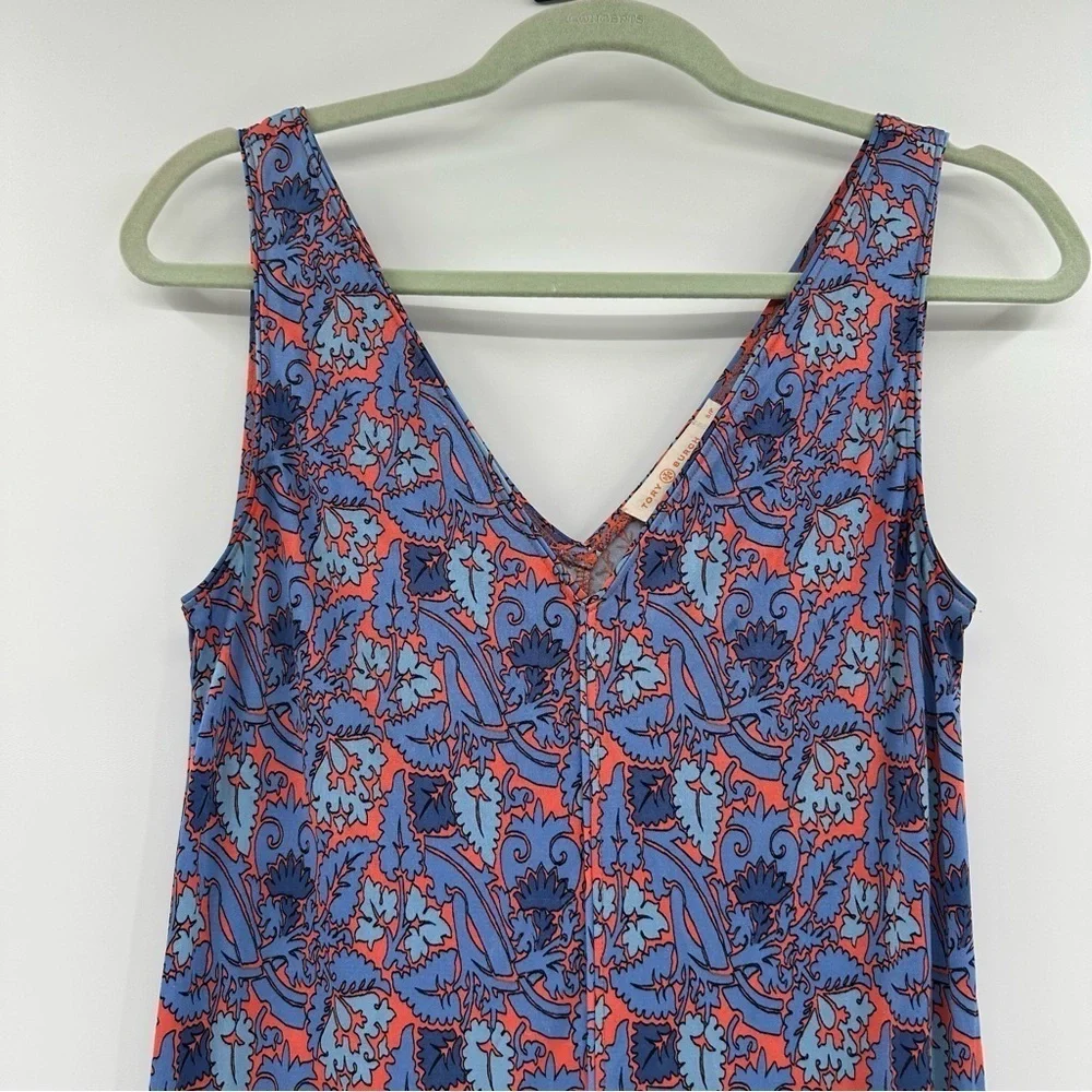 Tory Burch Dress 100% Silk Sheath Sleeveless V-Neck‎ Floral Blue and Coral Small